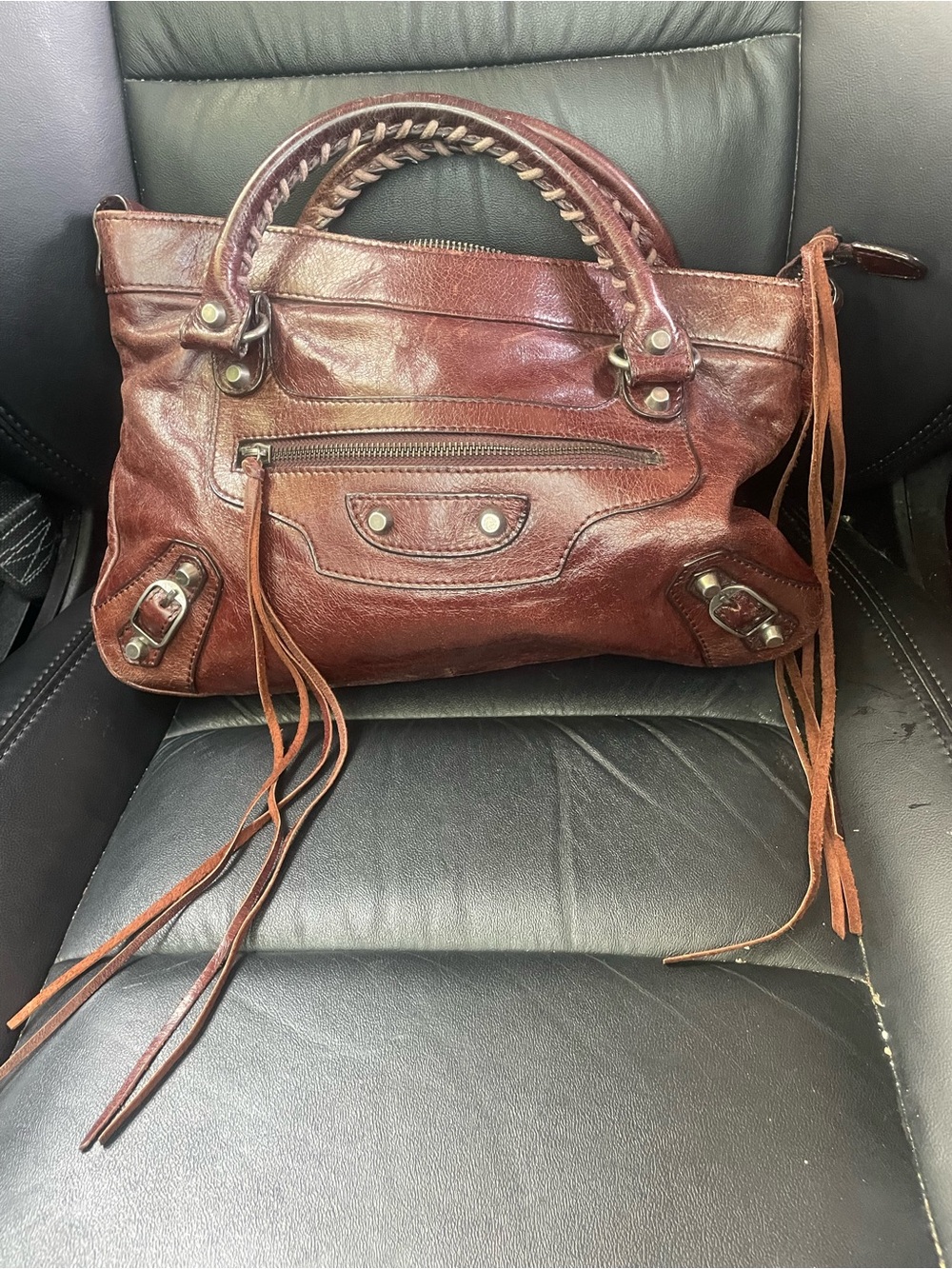 Women's Brown Leather Satchel with Braided Handle and Fringe